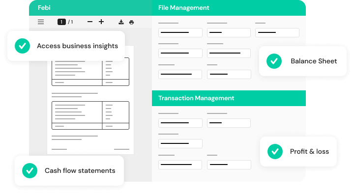 Transaction Management Through AI : Access business insights, Balance Sheet, P&L, and Cash Flow Statements.